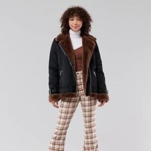 Hollister faux shearling moto biker jacket coat black.